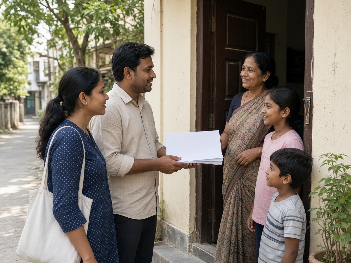 Campaign volunteers speaking with a family at their door