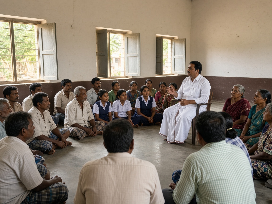 A leader meeting farmers, students and women in a community hall