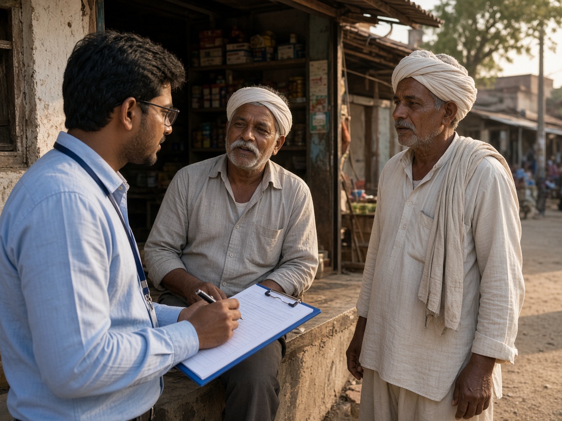 A field researcher taking a poll survey outside a shop